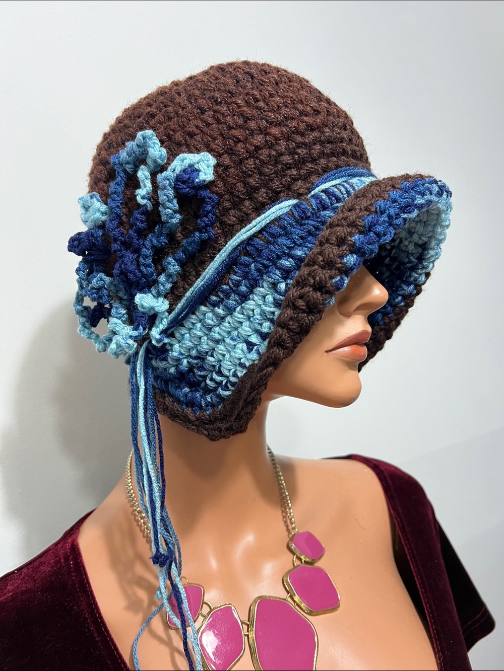Brown & Blue Crocheted Bucket Hat with Floral Accent